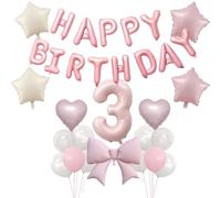 Décoration d'anniversaire rose 3 ans, décoration 3ème anniversaire, guirlande de ballons pour 3e anniversaire, nœud, cœurs et étoile, ballon en aluminium pour anniversaire de 3 ans, décoration de fête
