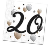 Décoration d'anniversaire serviettes en papier chiffre 20 anniversaire - 100 pièces de serviettes d'anniversaire rond blanc avec chiffre noir, or-argent-noir de ballons et d'étoiles motifs