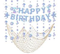 Décoration d'anniversaire sirène, bannière Happy Birthday, guirlande irisée et filet de poisson, guirlande d'anniversaire sirène de mer, décoration de fête sous l'eau, pour garçons et filles, fêtes à