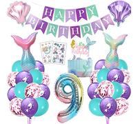 Décoration d'anniversaire sirène de 9 ans pour fille, thème sirène, kit de fête avec ballon en aluminium, guirlande Happy Birthday, décoration de gâteau et tatouages