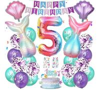 Décoration d'anniversaire sirène pour fille de 5 ans avec ballons, décoration de gâteau, guirlande Happy Birthday et tatouage, décoration de fête pour anniversaire d'enfant, fête à thème