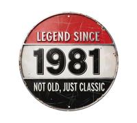 Décoration d'anniversaire sur le thème de l'année, cadeau « Legend Since 1981 Not Old Just » - Plaque ronde vintage en métal vintage - Décoration murale d'intérieur et d'extérieur - 20,3 x 20,3 cm