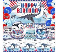 Décoration d'anniversaire sur le thème du jet de combat avec fond d'avion, décoration de gâteau, vaisselle, nappe et ballons pour décoration de fête de l'armée de l'air pour 20 personnes