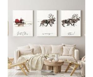 Décoration d'art moderne de paysage neigeux, cerf de Noël en hiver, ensemble d'affiches murales pour salon et chambre à coucher, décoration de Noël sans cadre (style 3, 50 x 70 cm*3)