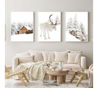 Décoration d'art moderne de paysage neigeux, cerf de Noël en hiver, ensemble de posters muraux pour le salon et la chambre à coucher, décoration de Noël sans cadre (50x70cm*3, style 4)