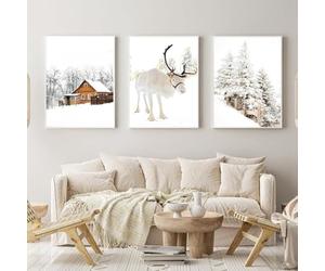 Décoration d'art moderne de paysage neigeux, cerf de Noël en hiver, ensemble de posters muraux pour le salon et la chambre à coucher, décoration de Noël sans cadre (50x70cm*3, style 4)