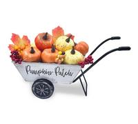 Décoration d'automne, 23.5cm Brouette en Métal avec Feuilles de Citrouille Artificielles, Décoration Vintage pour Table de Cuisine, Balcon, Terrasse, Pièces Centrales, Blanc