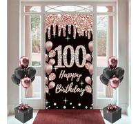 Décoration de 100e anniversaire pour femme - Bannière de porte en tissu noir et rose - Bannière murale/porte - Bannière de fond pour 100e anniversaire - Panneau de bienvenue pour fête d'anniversaire