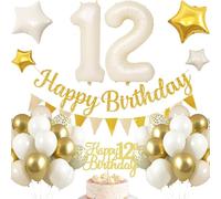 Décoration de 12e anniversaire, 12e anniversaire garçon blanc or, décoration d'anniversaire 12 ans garçon, ballons gonflables 12e anniversaire Joyeux anniversaire guirlande ballon 12 décoration pour