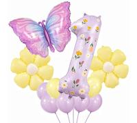 Décoration de 1er anniversaire pour filles - Ballon violet en forme de chiffre 1 pour filles - 101,6 cm - Grand ballon papillon et fleur en aluminium - Guirlande de décorations d'anniversaire pour