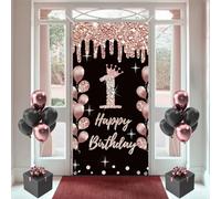 Décoration de 1er anniversaire pour filles - Bannière de porte en tissu noir et rose - Bannière murale/porte - Bannière de fond pour 1er anniversaire de fille