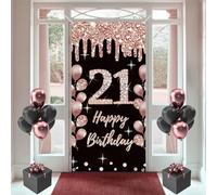 Décoration de 21e anniversaire pour filles - Bannière de porte en tissu noir et rose - Bannière murale/porte - Bannière de fond pour 21e anniversaire de fille