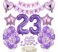 Décoration de 23e anniversaire - Gâteau d'anniversaire 23 ans - Cadeau - Ensemble de ballons violets - Bannière Joyeux Anniversaire - Ballons en feuille numéro 23 - Décoration de gâteau - Ensemble de