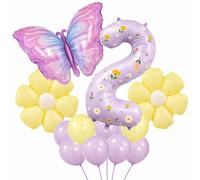 Décoration de 2e anniversaire pour filles - Ballon violet en forme de chiffre 2 pour filles - 101,6 cm - Grand ballon papillon et feuille d'aluminium en forme de papillon pour décoration