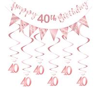 Décoration de 40e anniversaire or rose pour filles, bannière « Happy 40th Birthday » en forme de fanions triangulaires pour 40e anniversaire