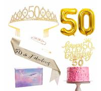 Décoration de 50e anniversaire pour femme, décoration d'anniversaire dorée 50 ans, couronne d'anniversaire et écharpe, décoration de gâteau d'anniversaire et bougies, ballon en aluminium 50, cadeau du