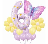 Décoration de 6e anniversaire pour filles - Ballon violet en forme de chiffre 6 pour filles - 101,6 cm - Grand ballon papillon et fleur en aluminium - Guirlande de décorations d'anniversaire pour
