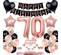 Décoration de 70e anniversaire pour femme - Or rose et noir - Décoration de gâteau 70e anniversaire - Avec bannière - Cadeau 70e anniversaire - Décoration d'anniversaire - Chiffre 70 ballons pour 70e