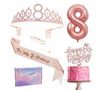 Décoration de 8e anniversaire pour fille en or rose - Ruban de fête et couronne - Décoration de gâteau d'anniversaire - Numéro 8 - Bougies de ballons en aluminium - Cadeau pour le huitième