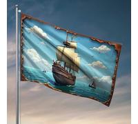 Décoration de bar amusante vintage bateau naviguant sur des mers turquoise avec drapeau ciel nuageux Décorations de piscine Décoration extérieure pour chambre d'adolescent (30 x 45 cm)