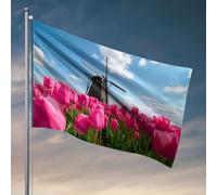 Décoration de bar d'arrière-cour un champ de tulipes roses avec un moulin à vent en arrière-plan. Drapeau amusant pour décoration de salle de sport (60 x 90 cm)