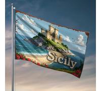 Décoration de bar de sport Château sicilien au bord de la mer : drapeau de rêve avec vue côtière pour homme, panneau de bienvenue pour porche debout (120 x 180 cm)