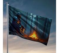Décoration de bar de sport Chevalier assis près d'un feu de camp dans un drapeau de forêt drapeaux bizarres pour adolescents (30 x 45 cm)