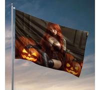 Décoration de bar de sport Une femme aux longs cheveux rouges est assise parmi des citrouilles sculptées, drapeau bizarre drapeaux adolescents (152 x 244 cm)