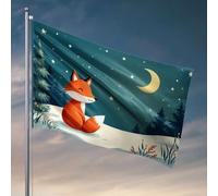 Décoration de bar pour arrière-cour Un renard mignon assis dans une forêt enneigée sous un ciel étoilé. Drapeau amusant pour décoration de chambre, drapeau de gym (60 x 90 cm)