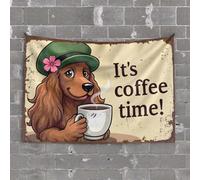 Décoration de bar pour la maison - Pause café canine confortable : un chien mignon portant un chapeau profitant d'une tapisserie pour chambre de garçon, accessoires de bar (75 x 100 cm)