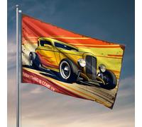 Décoration de bar pour la maison vintage jaune Hot Rod qui accélère à travers le ciel du coucher de soleil drapeau ado garçon décoration chambre accessoires pour homme (152 x 244 cm)