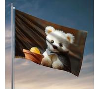 Décoration de bar vintage : un ours blanc moelleux avec une écharpe grise assis à côté d'un bol de drapeau de miel, drapeaux d'extérieur décoratifs pour la bière (120 x 180 cm)