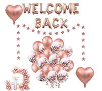 Décoration de bienvenue à la maison - Ensemble de 11 ballons en forme de lettres, 2 ballons en forme d'étoile, 1 guirlande en forme d'étoile, 20 ballons supplémentaires, ruban et paille inclus -