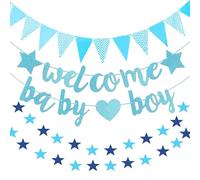 Décoration de bienvenue pour garçon : bannière Welcome Home Baby Boy, guirlande de fanions et guirlande en papier étoile suspendue | Décoration chaleureuse pour bébé pour fête prénatale, fête