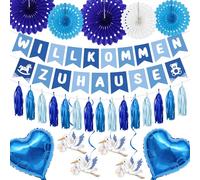 Décoration de bienvenue pour la maison - Bleu - Élégante décoration de fête de bienvenue avec bannière cigogne - Décoration à suspendre en forme de cœur - Éventail en papier - Décoration festive pour