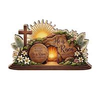 Décoration de bloc en bois He Is Risen, décoration de table chrétienne de Pâques, pièce maîtresse en bois de Pâques avec tombe vide et croix, décoration pour la maison, l'église, le salon (1PCS)