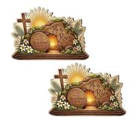 Décoration de bloc en bois He Is Risen, décoration de table chrétienne de Pâques, pièce maîtresse en bois de Pâques avec tombe vide et croix, décoration pour la maison, l'église, le salon (2PCS)