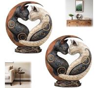 Décoration de bureau en forme de chat noir et blanc Yin Yang, statue de chat noir et blanc sculptée à la main de 6 pouces, sculpture figurines chats,for bibliothèque, bureau, table, décoration.(2pcs)