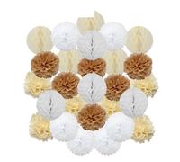 Décoration de cérémonie mariage DIY, boule ronde suspendue, pompon en papier nid d'abeille for baptême, fête d'anniversaire(Khaki Beige Set,12inch(30cm))