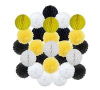 Décoration de cérémonie mariage DIY, boule ronde suspendue, pompon en papier nid d'abeille for baptême, fête d'anniversaire(Black Yellow,8inch(20cm))