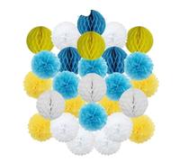 Décoration de cérémonie mariage DIY, boule ronde suspendue, pompon en papier nid d'abeille for baptême, fête d'anniversaire(Blue Yellow,12inch(30cm))