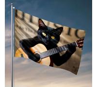 Décoration de chambre amusante avec chat noir jouant d'une guitare acoustique. Drapeau pour chambre d'adolescente (152 x 244 cm)