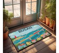 Décoration de chambre amusante Busan coloré : paysage urbain avec tramways, maisons et phares, paillasson d'intérieur paillasson d'entrée extérieur (50 x 80 cm)