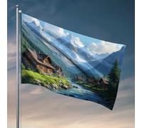 Décoration de chambre amusante Village de montagne avec rivière et sommets enneigés Drapeaux pour homme grotte d'hiver drapeaux de jardin (152 x 244 cm)