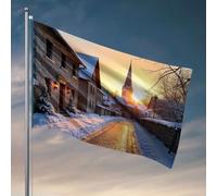 Décoration de chambre amusante - Village enneigé avec église au coucher du soleil - Drapeau - Décoration de chambre de garçon - Décoration de porche d'automne (30 x 45 cm)