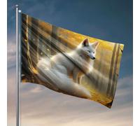 Décoration de chambre de dortoir universitaire Un renard blanc assis dans une forêt avec des feuilles dorées. Drapeaux de drapeau drôle décoration de chambre pour homme (152 x 244 cm)