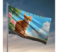 Décoration de chambre de garçon Adolescent Un chat roux assis sur une bordure en pierre avec des fleurs et un ciel bleu en arrière-plan. Drapeau mural amusant à accrocher dans votre chambre (30 x 45