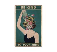 Décoration de chambre hippie en métal vintage avec inscription « Be Kind to Your Mind » - Décoration murale rétro amusante - 30,5 x 20,3 cm - Cadeau pour femme florale pour les amateurs de plantes