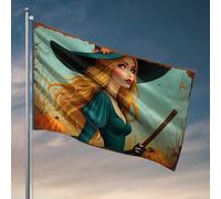 Décoration de chambre pour garçon Sorcière en robe verte avec bâton de balai et citrouilles drapeaux pour les garçons Accessoires de bar Cave homme (152 x 244 cm)