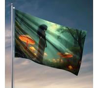 Décoration de chambre pour garçons Adolescent Une femme dans une robe fluide debout au milieu de champignons lumineux dans une forêt mystique. Drapeau amusant pour jardin, décoration d'intérieur pour